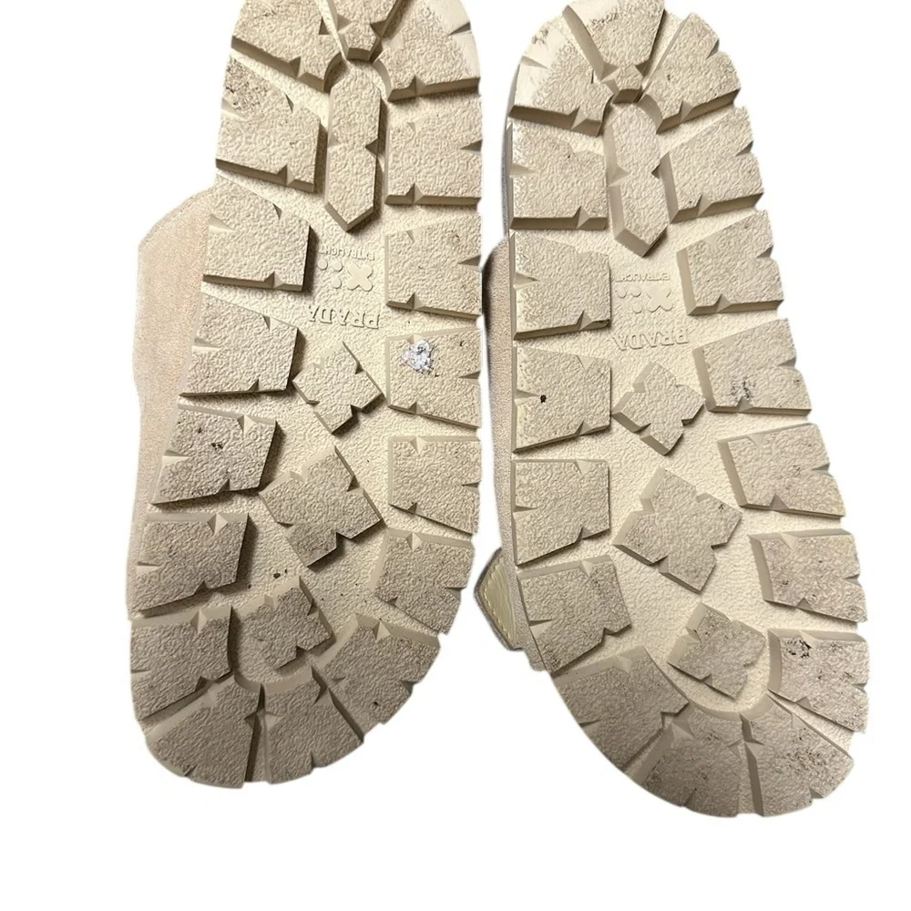 Prada Beige Suede Sandals with Gold Buckles, sz 37 pre-owned